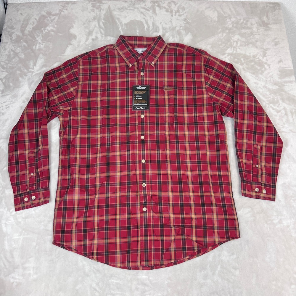 Carhartt Work Shirt Mens L Tall Red Cotton Plaid S147 Workwear Utility Outdoor